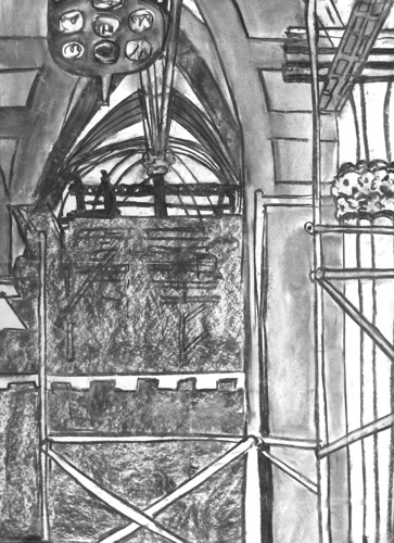 St. Patrick's Cathedral Scaffolding;
Willow Charcoal/Paper, 2014;
24 x 18 in. St. Patrick's Cathedral Scaffolding;
Willow Charcoal/Paper, 2014;
24 x 18 in.